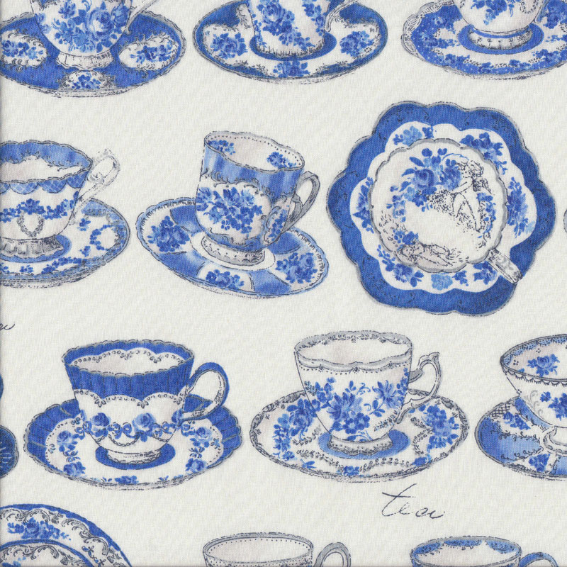 Blue and White China Floral Teacups Plates on White Tea Quilting Fabric ...