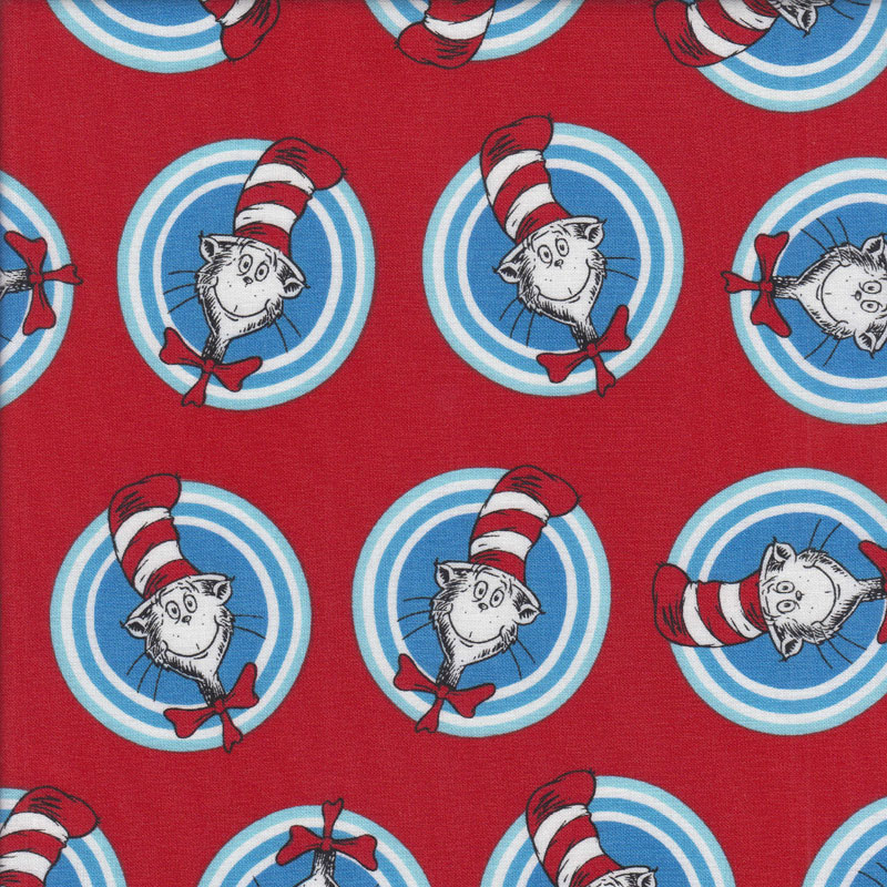 Dr Seuss Cat in The Hat Blue Circles on Red Quilting