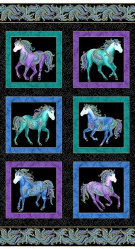 Horsen Around Horses in Squares with Metallic Gold Fabric Quilting Panel