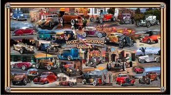Route 66 Hot Rodding USA Classic Cars Quilting Fabric Panel