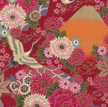 Japanese Asian Oriental Flowers Cranes on Red Quilting Fabric  