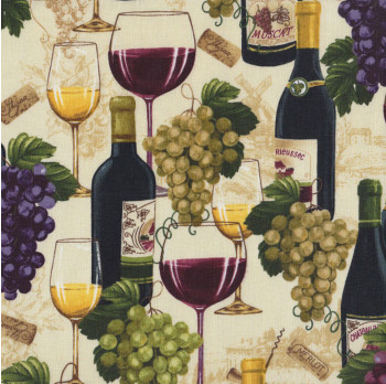 Wine Bottles Glasses Purple Green Grapes on Beige Quilting Fabric