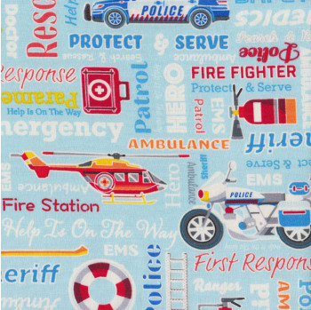 Helicopter Ambulance Police on Blue Emergency Quilting Fabric