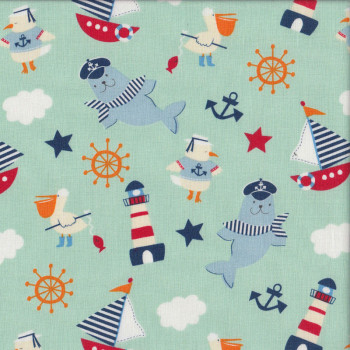 Seals Lighthouse Boat on Mint Green Ahoy Matey Quilting Fabric