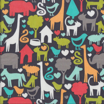 Charcoal Animal World Kids Quilting Fabric
