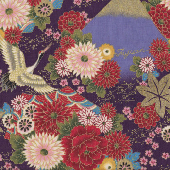 Japanese Flowers Cranes on Purple Quilting Fabric 