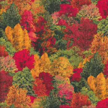 Autumn Trees Golden Yellow Red Green Landscape Quilting Fabric