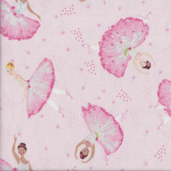 Ballerina Girls Ballet on Pink Stars with Metallic Silver Quilting Fabric