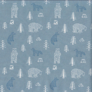 Cute Foxes Bears Trees on Blue Quilting Fabric