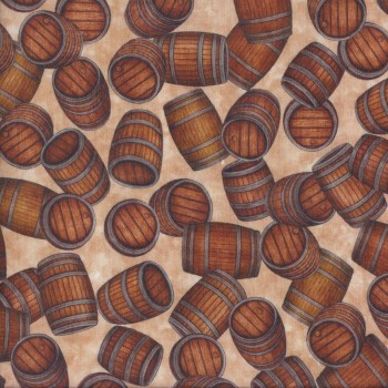 Beer Barrels Ale Lager Alcohol Mens on Tan Quilting Fabric