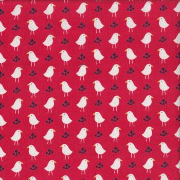 Little Birds and Anchors on Red Ahoy Matey Quilting Fabric