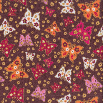 Pretty Butterflies and Flowers on Brown Quilting Fabric