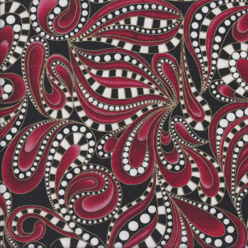 Cat-i-tude Christmas Red Beaded Swirls Metallic Gold on Black Quilting Fabric