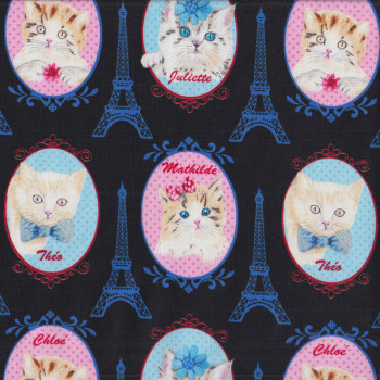 Cats in Oval Frames Paris Eiffel Tower on Black Pet Animal Quilting Fabric