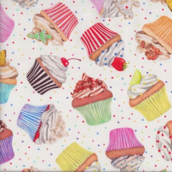 Delicious Coloured Cupcakes on White Kitchen Quilting Fabric