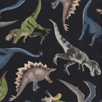 Dinosaurs Brachiosaurus T Rex Stegosaurus on Black Quilting Fabric