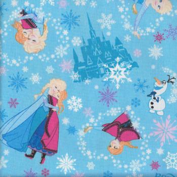 Disney Frozen Anna Elsa Olaf Snowflakes Castles on Blue Fabric