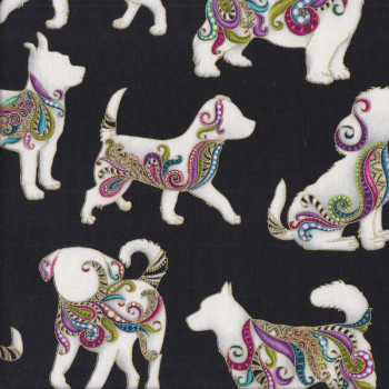 Dog On It White Silhouettes on Black Hot Diggity Gold Metallic Quilting Fabric