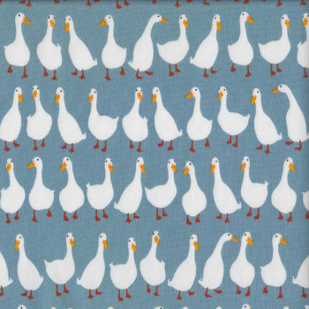 White Ducks on Blue Geese Farm Animal Quilting Fabric