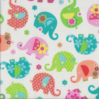 Floral Elephants on White Quilting Fabric