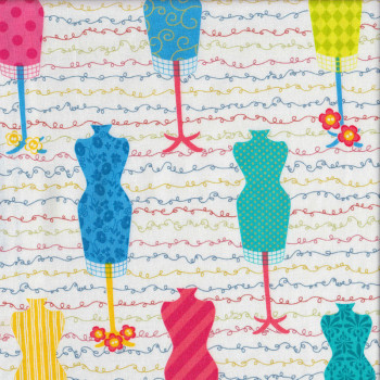 Fashion Funway Sewing Mannequins Squiggles on White Quilting Fabric