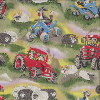 Field Days Sheep Dogs on Tractors and Motorbikes Quilting Fabric