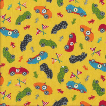 Go Go Dino Racing Cars on Yellow Boys Kids Quilting Fabric