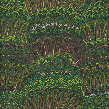 Aboriginal Green Feathers Flowers Goanna Walkabout Quilting Fabric