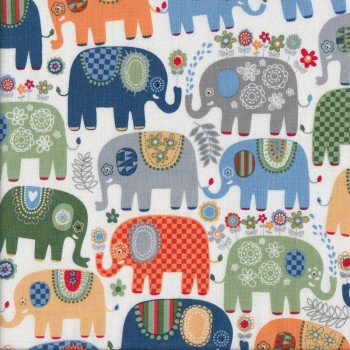 Happy Elephants on White Quilting Fabric