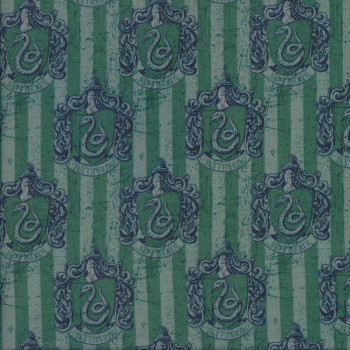 Harry Potter Slytherin Badges on Green Stripe Digitally Printed Licensed Fabric