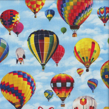 Colourful Hot Air Balloons on Blue Sky Kids Boys Girls Quilting Fabric