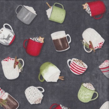 Hot Cups of Cocoa Drink on Grey Quilting Fabric