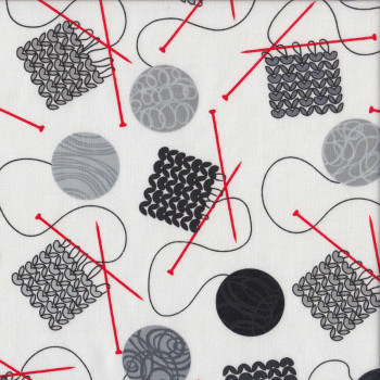 Knitting Needles Balls of Yarn on White Quilting Fabric