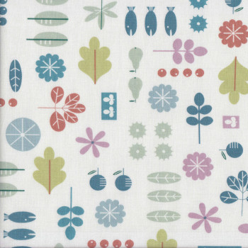 Fish Fruit Leaves Trees on White Quilting Fabric