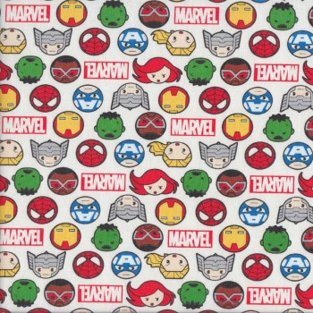 Marvel Kawaii Hero Faces on White Kids Licensed Quilting Fabric
