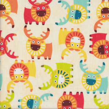 Colourful Moose on Beige Kids Quilting Fabric