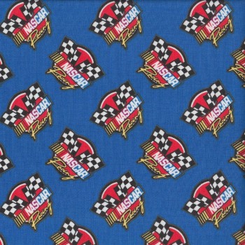 Nascar Racing Logo Checkered Flag on Blue Quilting Fabric