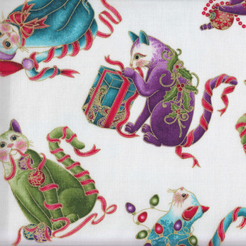 Christmas Cat-i-tude Playful Cats on White Metallic Gold Catitude Quilting Fabric