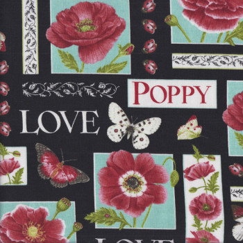 Poppies Love Butterflies on Black Quilting Fabric