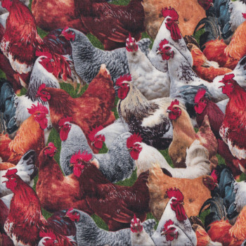 Chickens Hens Roosters on Green Farm Animal Country Bird Quilt Fabric