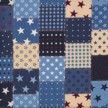 Denim Look Squares with White and Blue Stars Design Fabric
