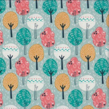 Colourful Trees Leaves on Light Green Summer Breeze Quilting Fabric