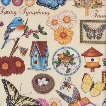  Birds Flowers Butterflies Bird Houses Spring Symphony on Cream Quilting Fabric