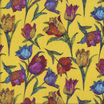 Colourful Tulip Flowers on Yellow Floral Quilting Fabric