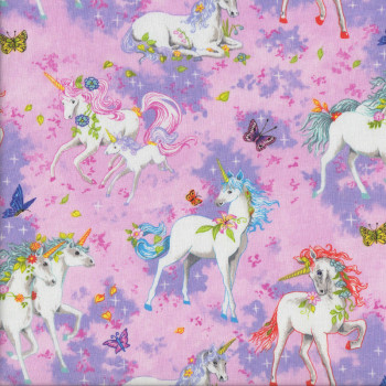 Pretty Unicorns on Pink Butterflies Girls Quilting Fabric
