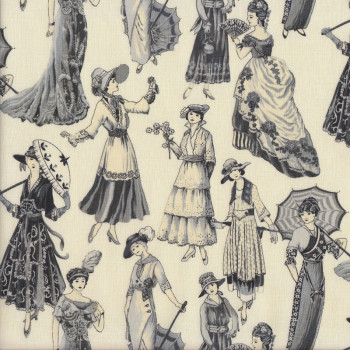 Victorian Ladies with Parasols Fans on Cream Quilting Fabric