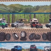 Four Wheel Drives Wheels Camping 4WD Fanatics Border Quilting Fabric See Description
