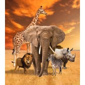 African Animals Elephant Lion Giraffe Sunset Quilting Fabric Panel 