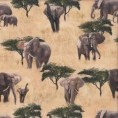 African Safari Wild Elephant Herd Savannah Quilting Fabric