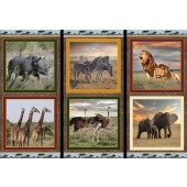 African Animals Giraffe Elephant Lion LARGE SQUARES Quilting Fabric Panel